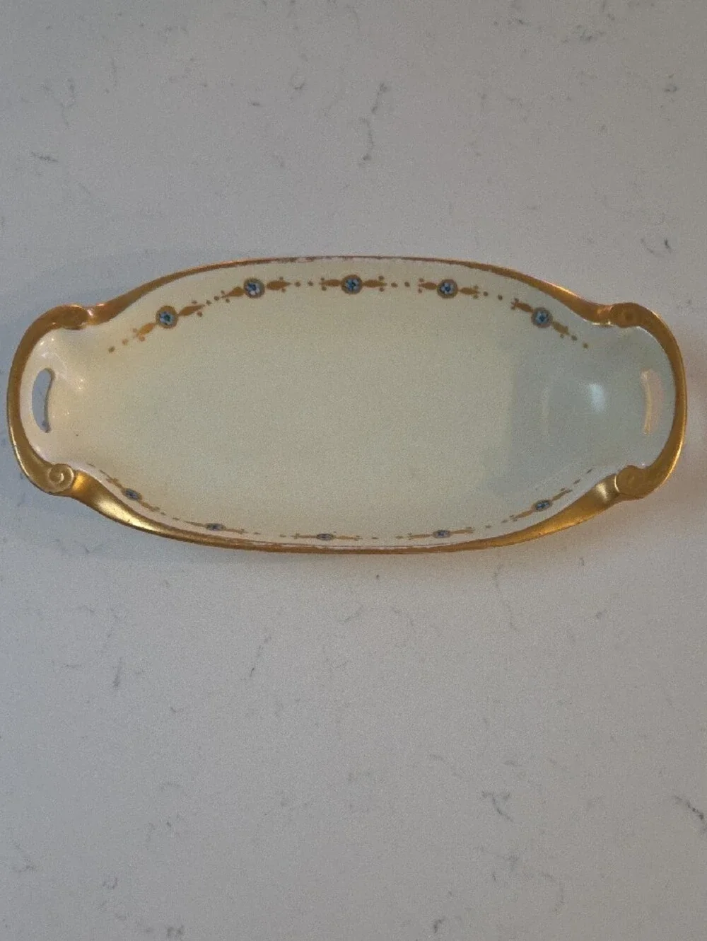Nippon Hand Painted Cream Ceramic Serving Platter with Gold Trim and Blue Flower